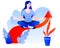 A woman meditates sitting on the sales arrow.