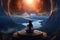 Woman meditates in yoga pose, sitting with her back amid serene cosmic landscape. Concept of deep connection with the