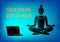 Woman meditating doing online yoga at home, Icon girl is meditating .on a blue background