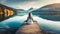 woman meditating on lake pier