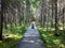 Woman meditating on nature boardwalk