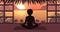 Woman Meditating in Pose Lotus, Sunrise or Sunset, Sea, Mountain and Palm Trees, Home Interior