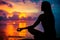 Woman meditating, relaxing in yoga pose at sunset, zen meditation