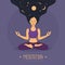 Woman meditation with Solar System inside long hair. Magic witchcraft astrology background.