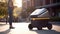 Woman meet delivery robot on street sidewalk, last mile secure package delivery via robot
