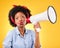 Woman, megaphone and portrait for announcement, broadcast or fashion news on yellow background. Young gen z or african