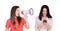Woman with a megaphone shouting her friend with a mobile