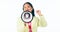 Woman, megaphone and voice for announcement, broadcast or news of sale or discount on a white background. Face of happy