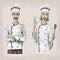 Woman and men caucasian cook chef worker in chef`s jacket cap wi
