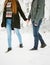 Woman and men couple winter adventures. Winter love story