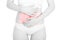 Woman with menstrual cramps, red stomachache area on white