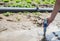 Woman mesures irrigation water with digital PH meter in water puddle