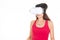 Woman metaverse glasses in vr mask virtual reality as new entertainment device