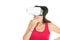 Woman metaverse glasses wearing vr goggles virtual Reality Headset hands on face