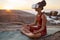 Woman, metaverse or vr headset in yoga meditation by beach, ocean waves, sea water in mental health support, zen app or