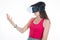 Woman metaverse in vr mask experiencing virtual reality as new entertainment device