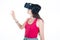 Woman metaverse wearing vr goggles virtual Reality Headset hands on airs