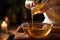 A woman meticulously pours oil into a bowl as part of her culinary preparation process in the kitchen, Therapist pouring massage