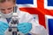 Woman with a microscope against Iceland flag background. Medical technology and pharmaceutical research in Iceland