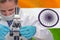 Woman with a microscope against India flag background. Medical technology and pharmaceutical research in India