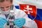 Woman with a microscope against Slovakia flag background. Medical technology and pharmaceutical research in Slovakia