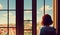 woman with middle long hair watching out a window to a big city, thinking about life, ai generated image