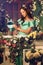 woman in mint dress watering flowers on a porch of her house