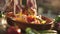 Woman mixing sliced vegetables with her hands