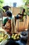 A woman mobile mango vendor.