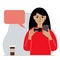 A woman with a mobile phone in her hand holds a bank card. Transaction rejection concept. Vector