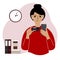 A woman with a mobile phone in her hand holds a bank card. Transaction rejection concept. Vector