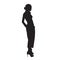 Woman model standing in high heels shoes, posing female model in trousers with hands in pockets. Isolated vector silhouette