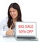 woman with modern popular laptop display showing big sale shopping