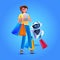 woman with modern robot holding shopping bags artificial intelligence concept full length