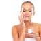 Woman, moisturizer and skincare cream in studio or health treatment as product, wellness or white background. Female