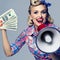 Woman with money and megaphone, pin-up style