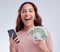 Woman, money and phone in studio portrait, winning and happy with online gambling by white background. Excited girl