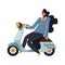 Woman on moped or scooter, girl riding motorbike, isolated character