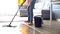 Woman mopping floor, tips for correct cleaning wooden surface, linoleum or tile