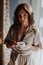 Woman in the morning. Attractive sexy woman with neat body is holding a cup with hot tea or coffee and looking at the sunrise