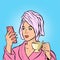 Woman morning bathroom coffee smartphone