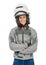 Woman with motorcycle white helmet with opened shield system, on