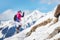 Woman mountaineer during a descent with crampons on snowy slope