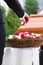 Woman mourning on Funeral with coffin