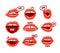 Woman Mouth Set. Red Sexy Lips Expressing Different Emotions as Happy Smiling, Seduction, Show Tongue, Kiss