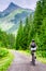 Woman on MTB bike in High Tatras mountains, Slovakia