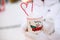 Woman with mug with snow, candy cane and inscription Merry and Bright in her hands outdoor in warm clothes in winter festive