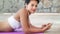 Woman, music and yoga mat or relax phone for scroll, online search or communication. Female person, playlist and