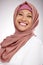 Woman, muslim and face or happy portrait in hijab for fashion, culture and religion on a white background. Islamic or