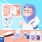 Woman muslim scientist wearing veil hijab working at laboratory scientist in lab with equipment chemical flask